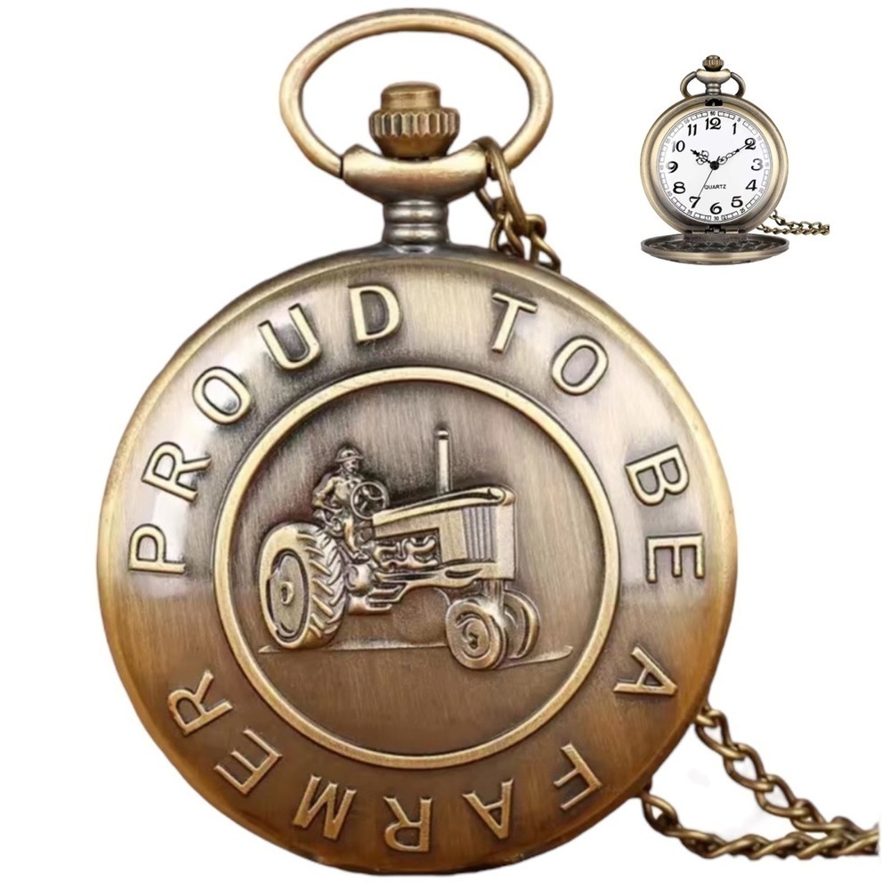 Farmer Bronze Pocket Watch Chained Pendant Retro Quartz Analog Gift Pouch